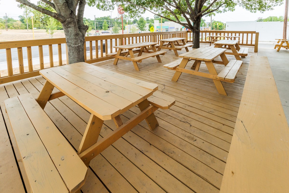 Outdoor seating with picnic tables